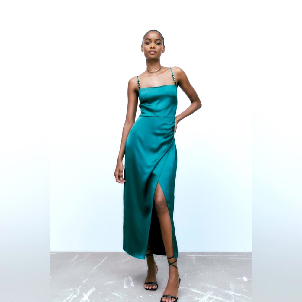 ZARA SATIN LINGERIE STYLE DRESS IN RARE GREEN/TEAL. LARGE.